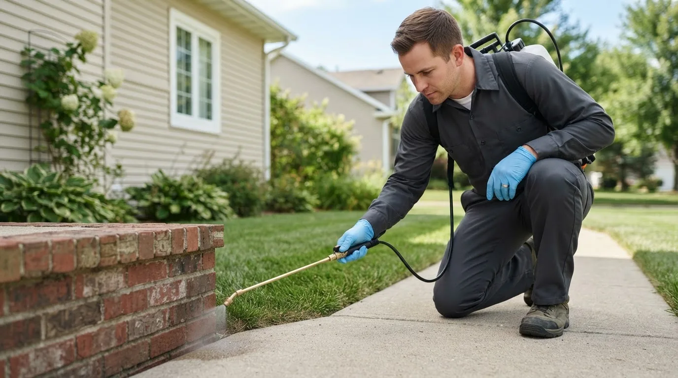 Pest control technician treating a home near Lawtell, LA